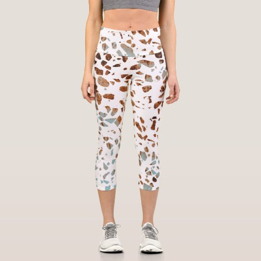 Leggings Capri Abstrait Terrazzo Mosaic rouille Brown & Motif ble (Recto)