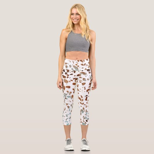 Leggings Capri Abstrait Terrazzo Mosaic rouille Brown & Motif ble (Recto)