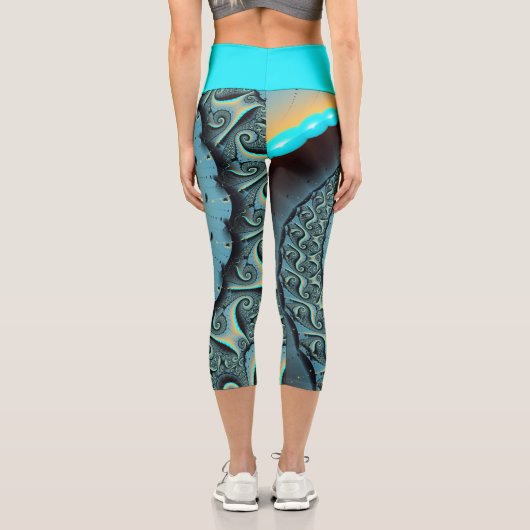 Leggings Capri Abstraite spirale d'art fractal bleu turquoise ora (Verso)