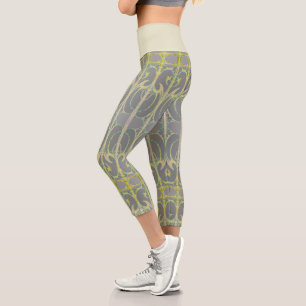 Leggings Capri Alphonse Mucha Art nouveau Art abstrait gris yello