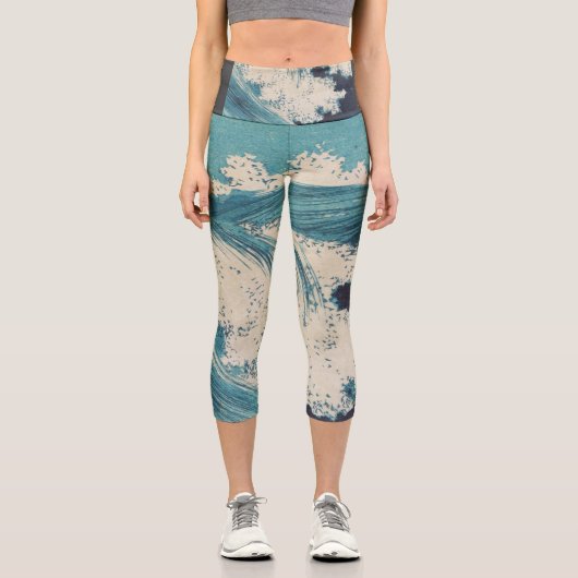 Leggings Capri Antique Japonais Bleu Vagues Océan Imprimer (Recto)