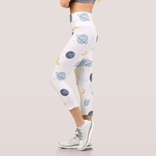 Leggings Capri Aquarelle Blue Space Planet Motif (Gauche)