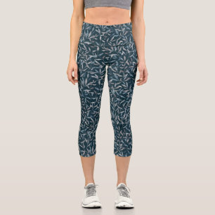 Leggings Capri Aquarelle botanique gris bleu feuilles sur bleu fo