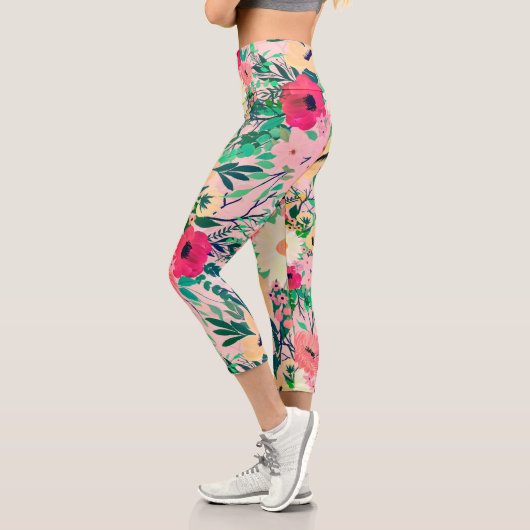 Leggings Capri Aquarelle couleur mignonne Design rose floral (Gauche)