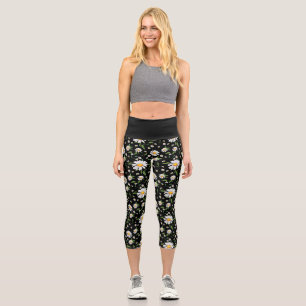 Leggings Capri Aquarelle de marguerite et d'abeilles
