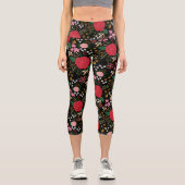 Leggings Capri Aquarelle Floral rose Roses rouges Motif noir (Recto)