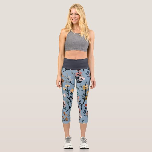 Leggings Capri Aquarelle florale Bleu Doux (Recto)