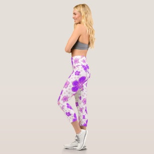 Leggings Capri Aquarelle florale simple impression violet et rose