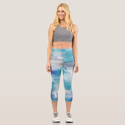 Leggings Capri Aquarelle moderne turquoise et gris Art Abstrait (Recto)