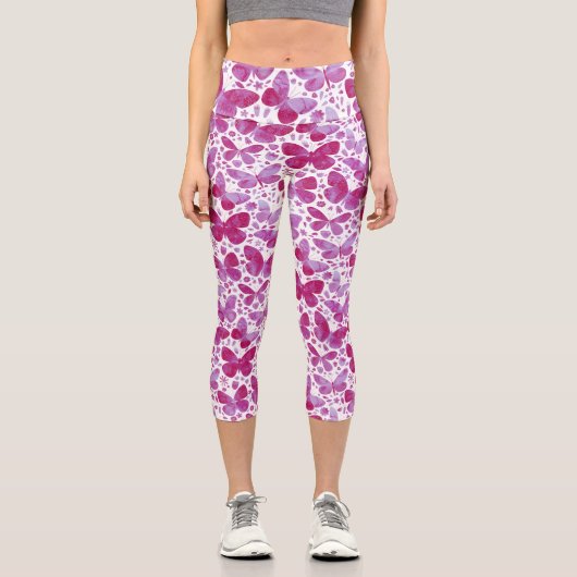 Leggings Capri Aquarelle papillon Motif rose (Recto)