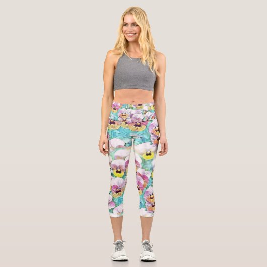 Leggings Capri Aquarelle peinte de panneaux blancs jaune rose (Recto)
