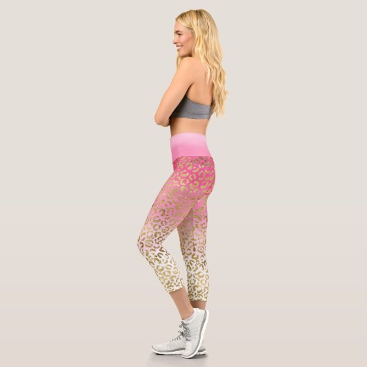 Leggings Capri Aquarelle rose blanche Empreinte de léopard or gla (Gauche)