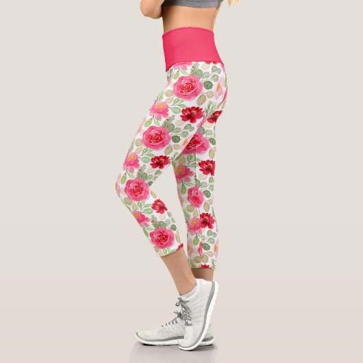 Leggings Capri Aquarelle Rose Et Rouge Rose Florale (Gauche)
