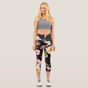 Leggings Capri Aquarelle rose Roses Jaunes Arrière - plan noir
