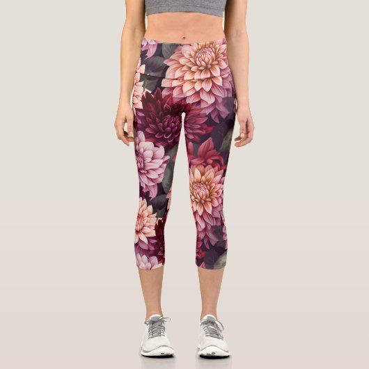 Leggings Capri Aquarelle Rouge rose Dahlia Motif Design (Recto)