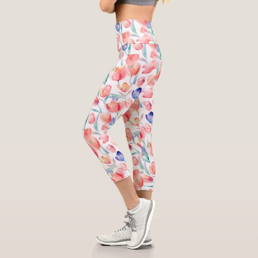 Leggings Capri Aquarelle Tulipes Motif Capris haut taille (Gauche)