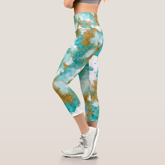 Leggings Capri Aquarelle Turquoise dorée Abstraite moderne (Gauche)