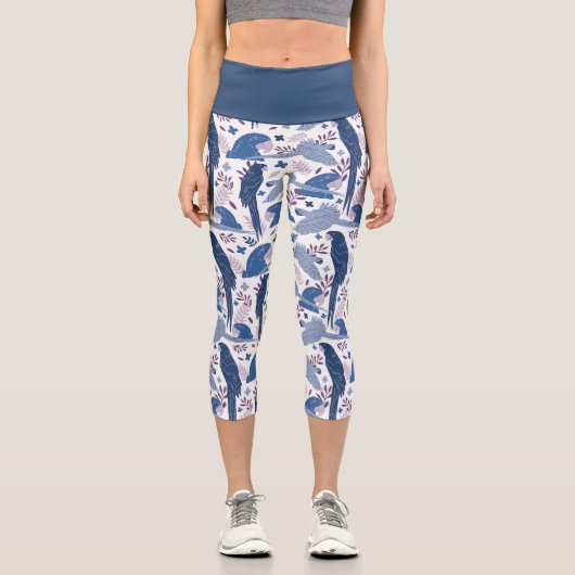 Leggings Capri Ara Parrot bleu dessin Tropical Leave Motif (Recto)