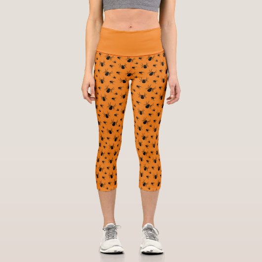 Leggings Capri Araignées Halloween motif noir et orange (Recto)