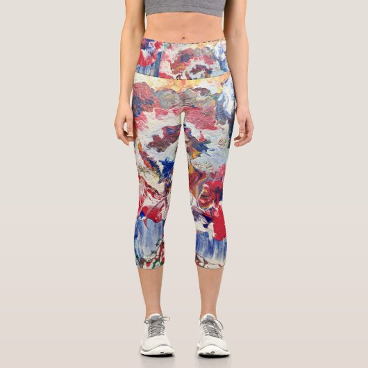 Leggings Capri Arbre en fleurs rouge abstrait bleu jaune (Recto)