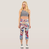 Leggings Capri Arbre en fleurs rouge abstrait bleu jaune (Recto)
