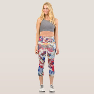 Leggings Capri Arbre en fleurs rouge abstrait bleu jaune