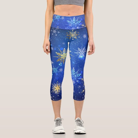 Leggings Capri Arrière - plan Bleu XMAS avec des flocons de neige (Recto)
