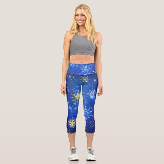 Leggings Capri Arrière - plan Bleu XMAS avec des flocons de neige (Recto)