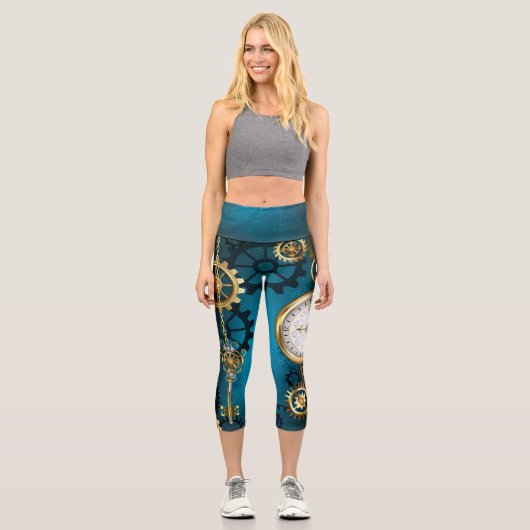 Leggings Capri Arrière - plan turquoise à vapeur avec engrenages (Recto)