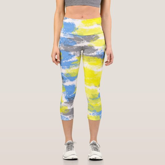 Leggings Capri Art Abstrait Bleu Blanc Jaune Gris Minimalisme (Recto)