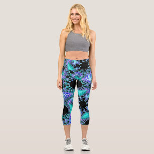Leggings Capri Art abstrait fractal tentaculaire cyan psychédéliq
