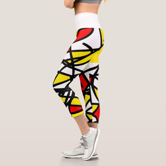 Leggings Capri Art Abstrait Rouge Jaune Noir Blanc Minimalisme (Gauche)