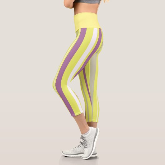 Leggings Capri Art Abstrait violet gris jaune blanc (Gauche)