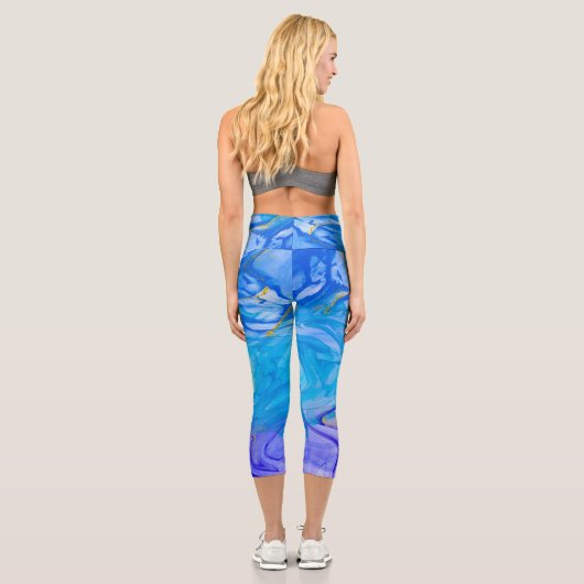 Leggings Capri Art de l'encre d'alcool bleu (Verso)