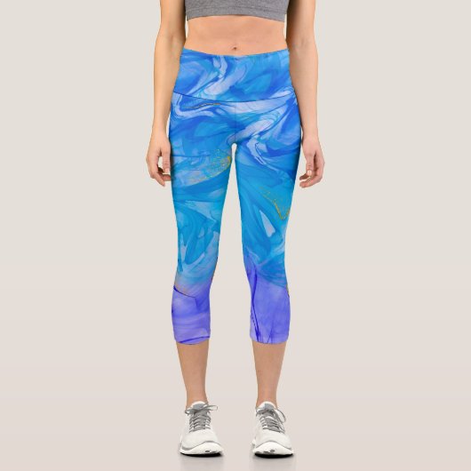 Leggings Capri Art de l'encre d'alcool bleu (Recto)