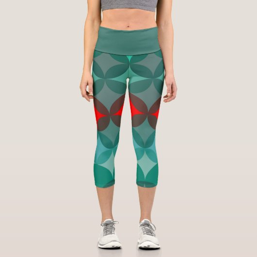 Leggings Capri art déco inspiré turquoise & rouge abstrait (Recto)