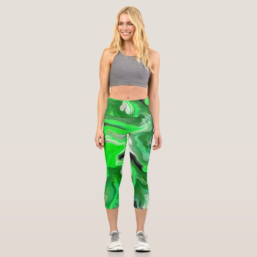 Leggings Capri Art numérique vert en marbre fluide (Recto)