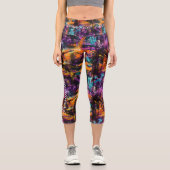 Leggings Capri Art urbain dynamique - Oranges et selles pourpres (Recto)