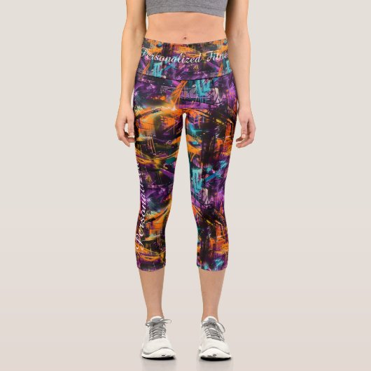 Leggings Capri Art urbain dynamique - Oranges et selles pourpres (Recto)