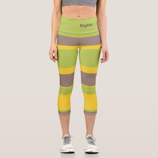 Leggings Capri Asymmetric Stripes Lines Brown Yellow Green (Recto)