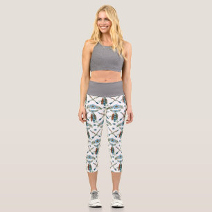 Leggings Capri Attrape-rêves à plumes bohèmes Fleurs bleues Flèch