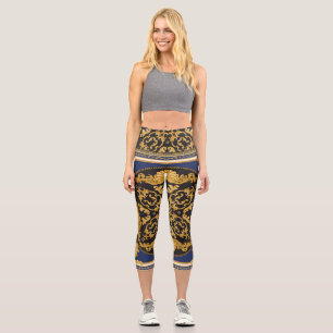 Leggings Capri Bandana Print : Black Blue Gold.