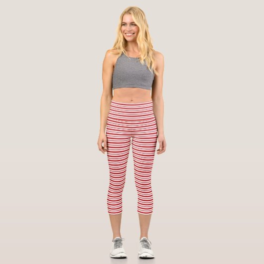 Leggings Capri Bandes horizontales rouges et blanches (Recto)