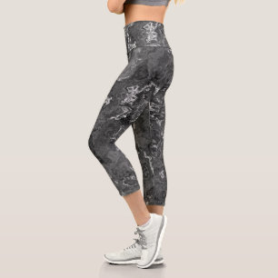 Leggings Capri Black et Marbre blanc Swirl Abstrait