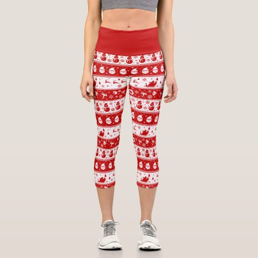 Leggings Capri Blanc et rouge Père Noël Face et Motif Snowman (Recto)