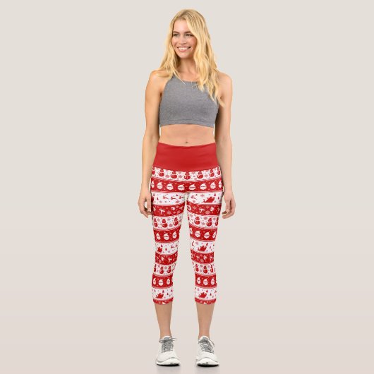 Leggings Capri Blanc et rouge Père Noël Face et Motif Snowman (Recto)