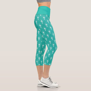 Leggings Capri Blanc sur motif art déco turquoise