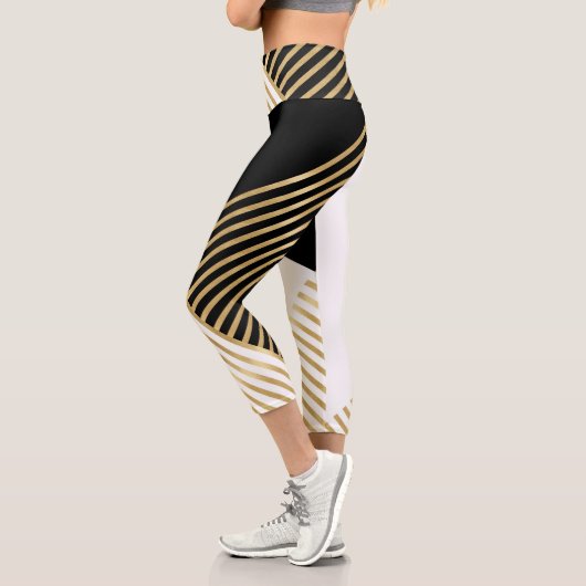 Leggings Capri Blancs d'or géométrique noir moderne (Gauche)