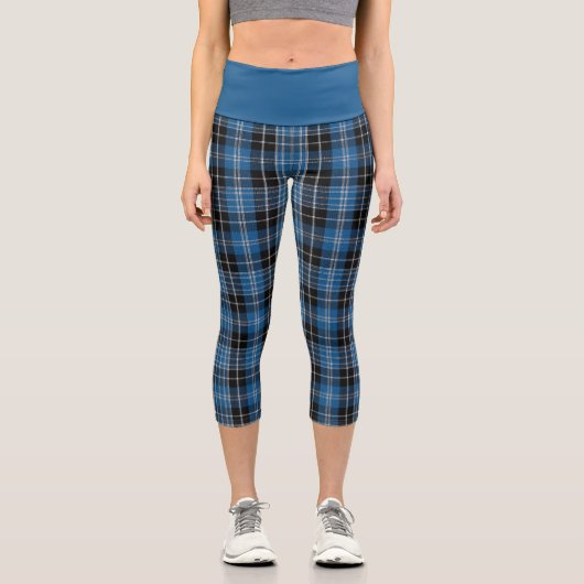 Leggings Capri Bleu-Black Scottish Clark Tartan Plaid Motif (Recto)