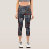 Leggings Capri Bleu & Burgundy Denim Patchwork Texte et logo pers (Recto)